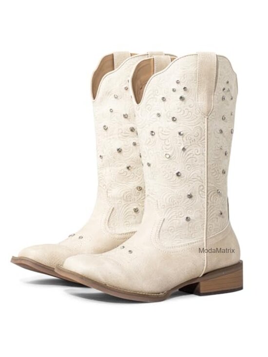 Shoes - Extra Wide Calf Cowboy Boots Faux Leather Square Toe Mid-Calf